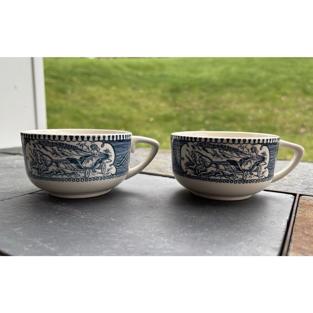 Vintage Currier and Ives Imperial Blue Tea/Coffee Cup Horse and Buggy Set Of 2